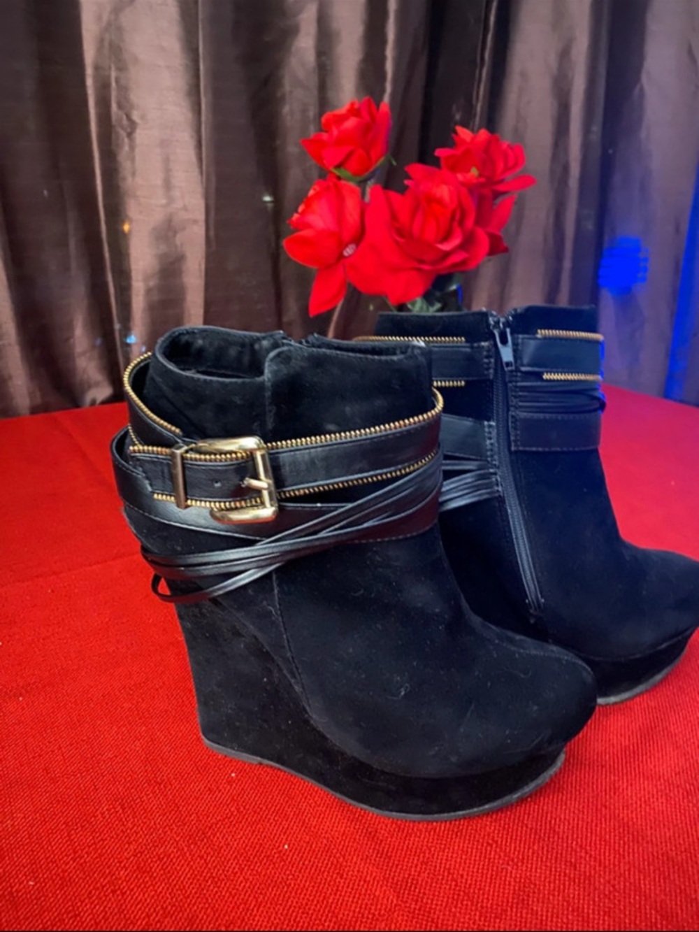 Women’s Black Suede Wedge Ankle Boots with Buckle Detail